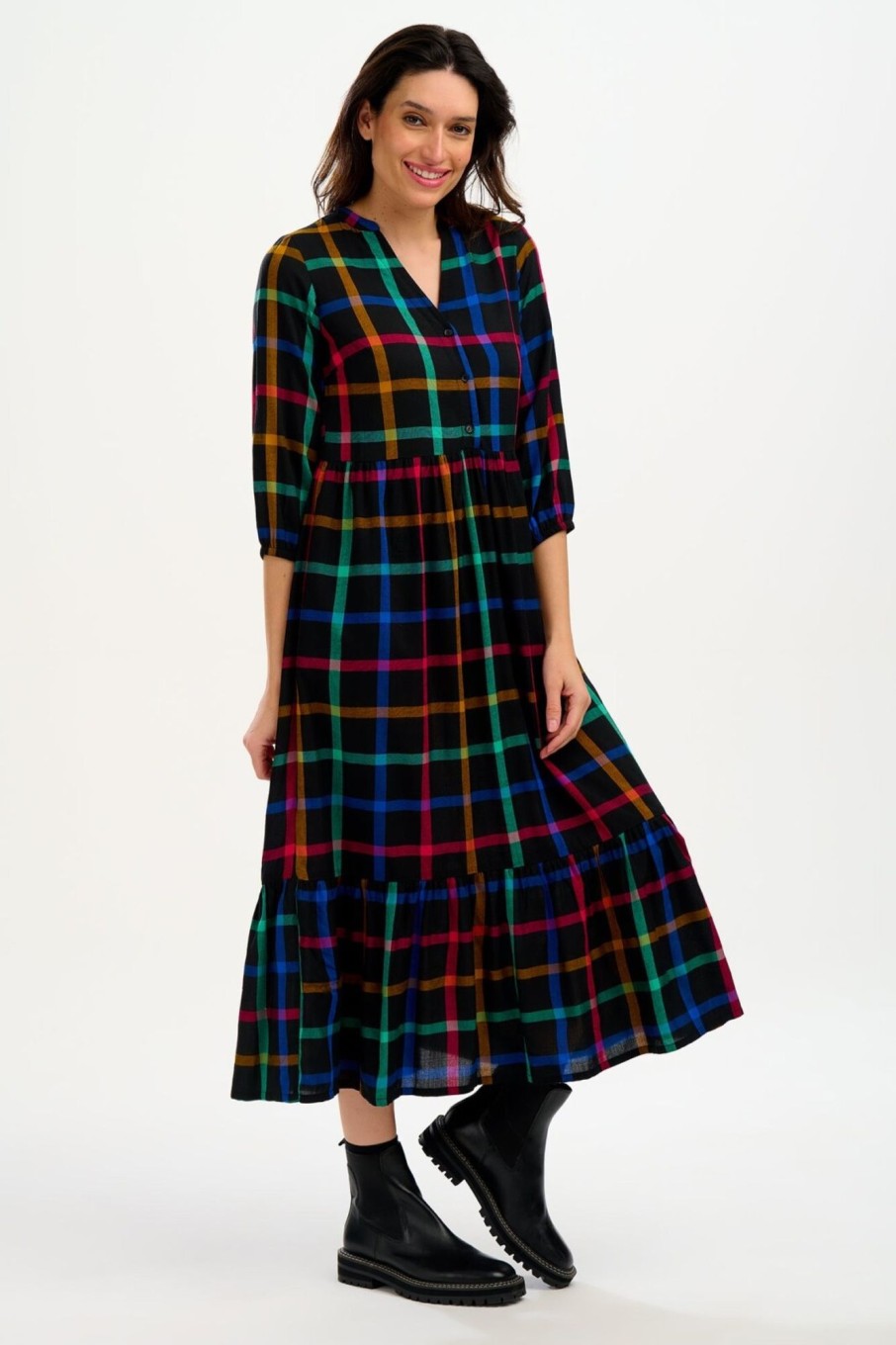 Dresses/Skirts | The Stables Birr Uri Midi Smock Dress - Black, Rainbow Check