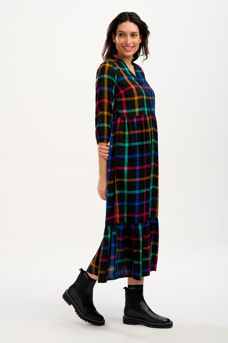 Dresses/Skirts | The Stables Birr Uri Midi Smock Dress - Black, Rainbow Check